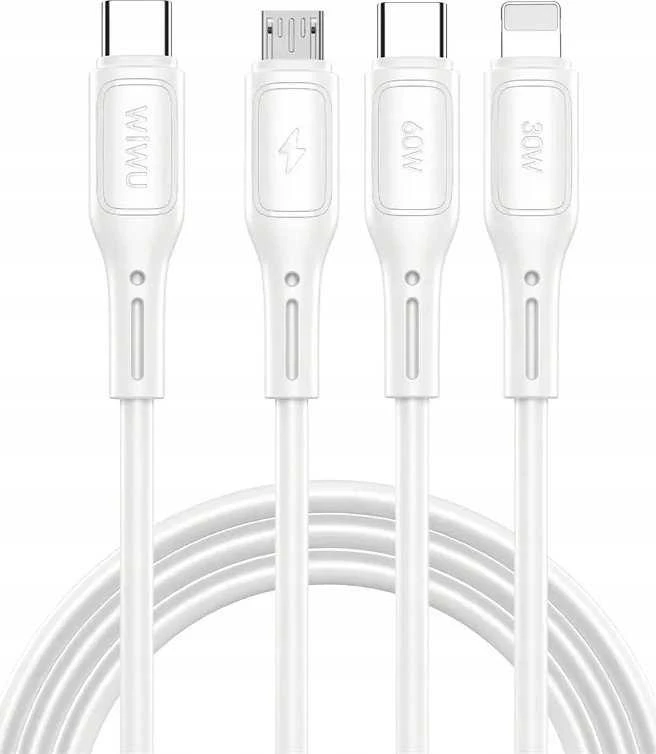 WiWU - Starlink serijos duomenų kabelis Wi-046E 3w1 USB C į USB C, Micro USB, Lightning 60W 1m - baltas