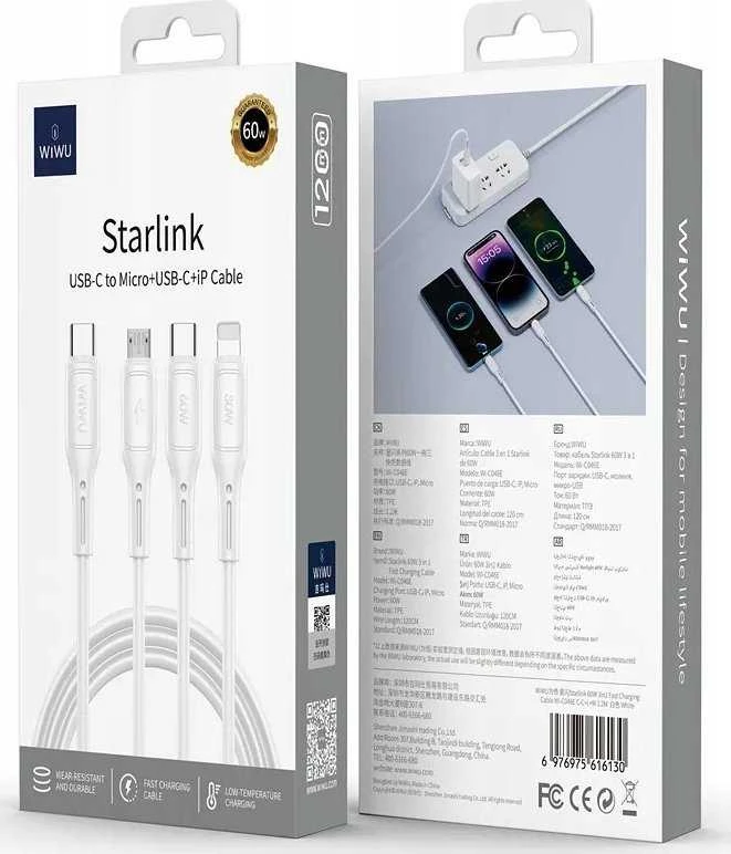 WiWU - Starlink serijos duomenų kabelis Wi-046E 3w1 USB C į USB C, Micro USB, Lightning 60W 1m - baltas