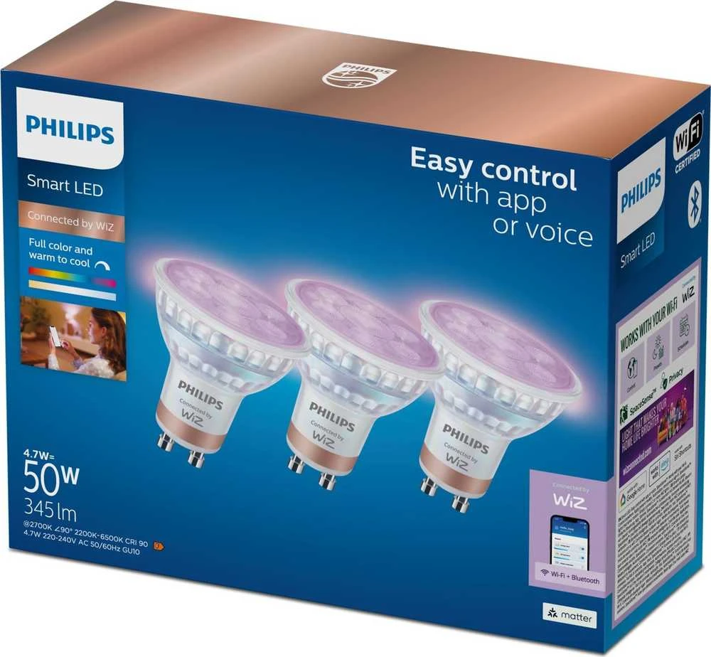 Philips Smart WiFi Spot PAR16 36° 345 Lm RGB, 3 vnt. | GU10 | 4.7 W | Pilna spalva ir šilta–šalta | Bluetooth, Wi-Fi