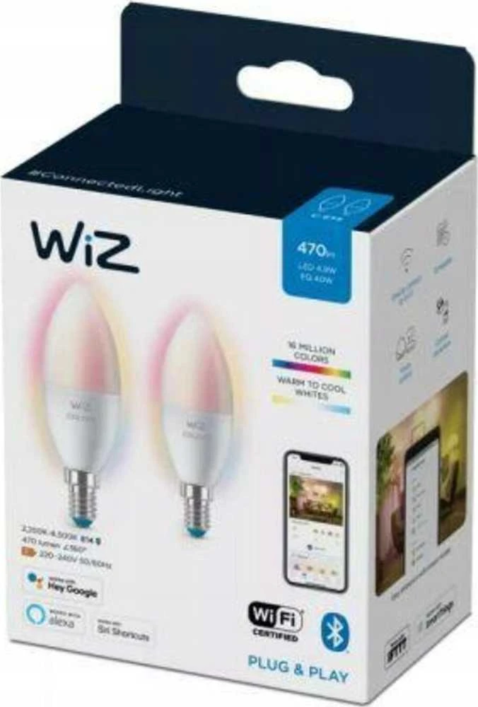 WiZ,žvakė,4,9W,2200-6500 (RGB),C37,E14,2vnt šviesos šaltinis