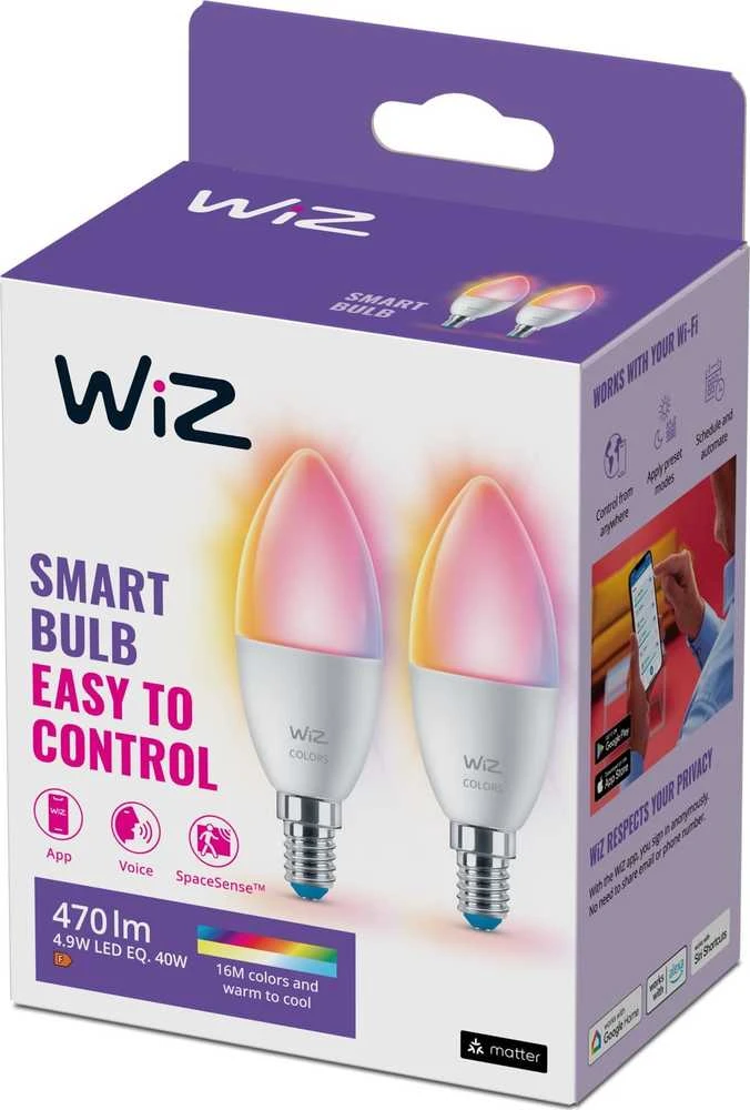 WiZ,žvakė,4,9W,2200-6500 (RGB),C37,E14,2vnt šviesos šaltinis