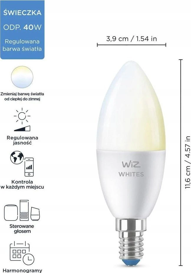 WiZ LED lemputė šalta-šilta balta Žvakė | 4,9 W | 2700-6500K | C37 | E14 | 1 vnt.
