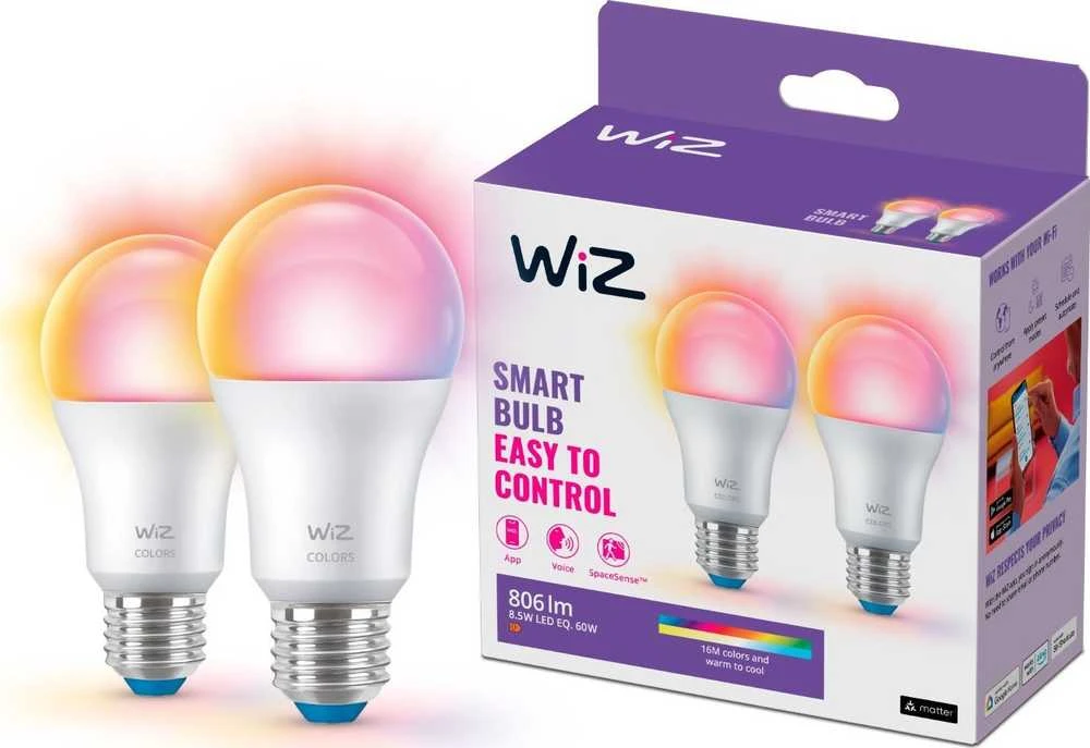 WiZ išmanioji lempa, E27, RGBW - visų spalvų ir atspalvių baltos šviesos, Wi-Fi, 806 lm, 2 pak.