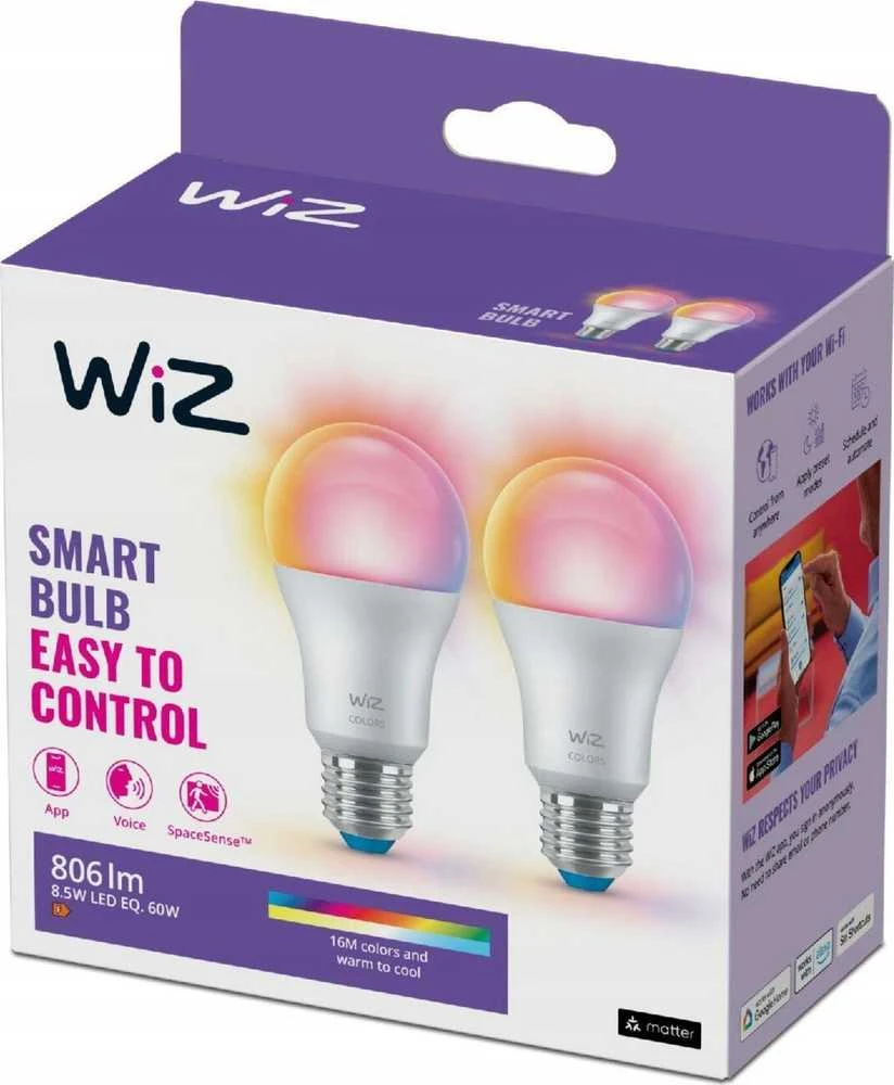 WiZ išmanioji lempa, E27, RGBW - visų spalvų ir atspalvių baltos šviesos, Wi-Fi, 806 lm, 2 pak.