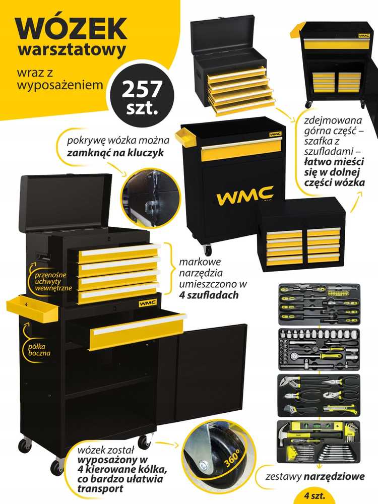 WMC TOOLS įrankių vežimėlis įrankių spintelė dirbtuvių vežimėlis 257 vnt.