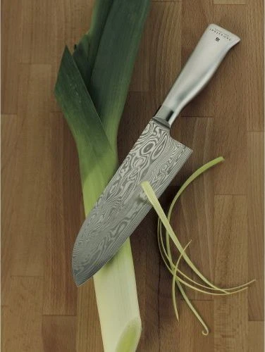 WMF Nóż damasceński Grand Gourmet Nóż Santoku 32 cm, warstwy ze stali damasceńskiej 120, cięcie wydajności, drewniane pudełko, ostrze 18 cm