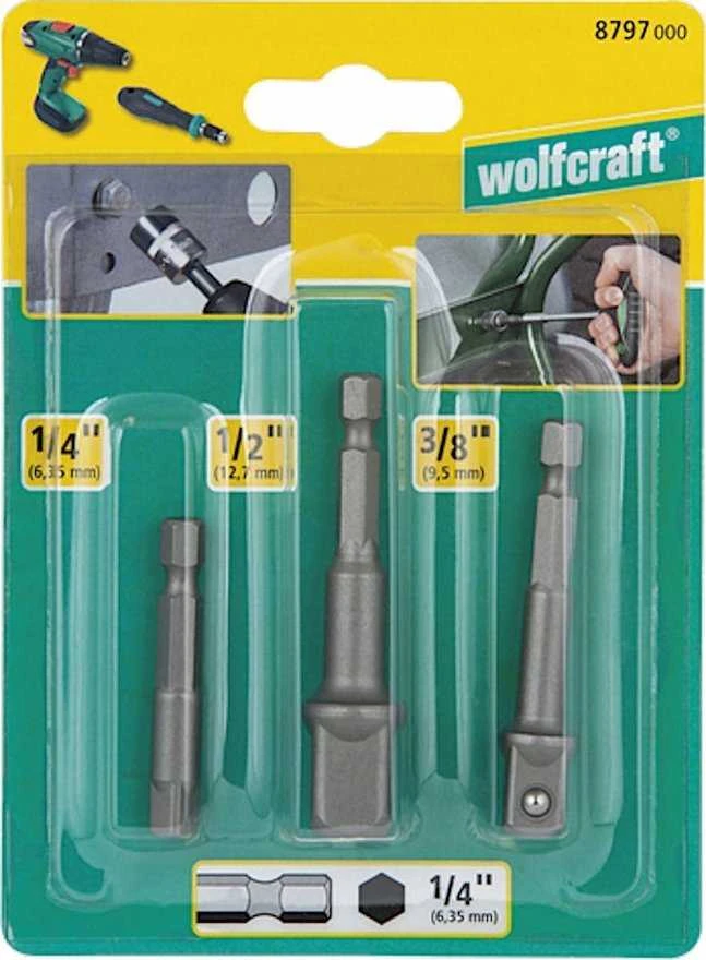 Wolfcraft 1 rinkinys 3 veržliarakčio adapterių 1/2, 3/8 colio, 1/4 colio, 6 taškų kotas