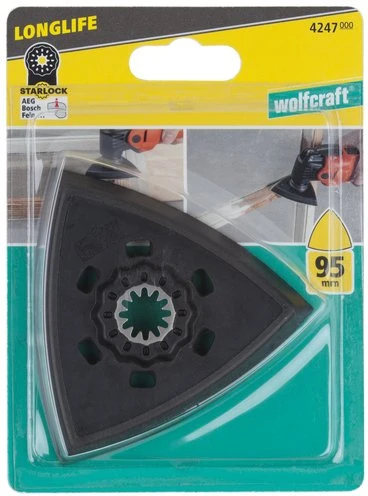 Wolfcraft Trikampis šlifavimo diskas (su velcro tvirtinimo sistema), SL Wolfcraft, kraštinės ilgis: 95 mm. Idealus darbui kampuose – Starlock