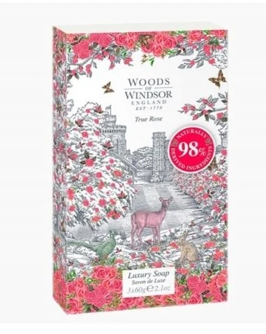 „Trio Woods Of Windsor True Rose drėkinantis masažinis muilas su palmių aliejumi, 3 vnt., 60 g“