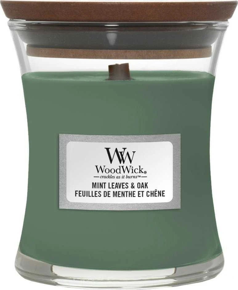 WoodWick Aromatinė žvakė (Mint Leaves & Oak), 275 g