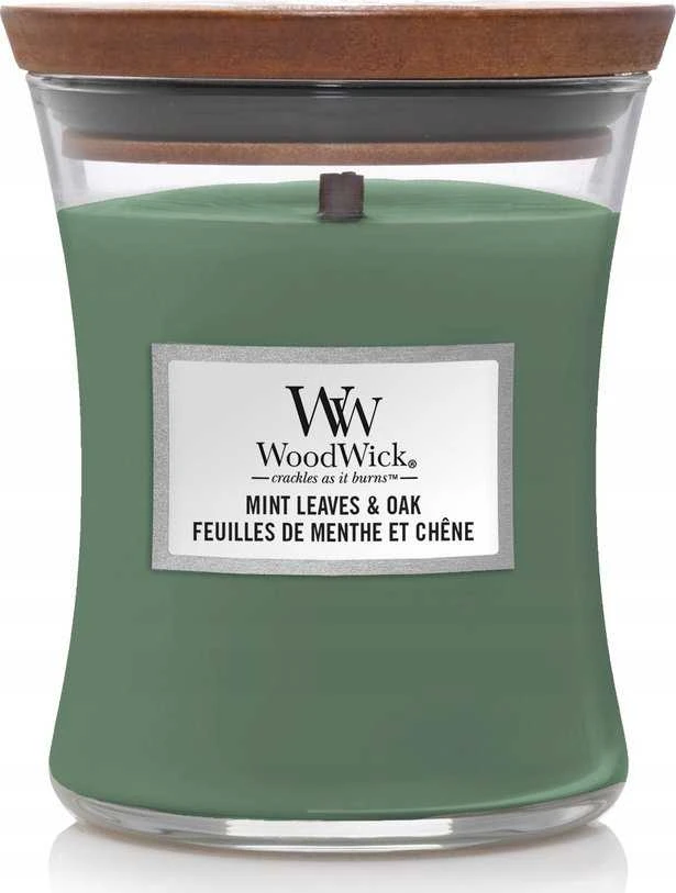 WoodWick Aromatinė žvakė (Mint Leaves & Oak), 275 g