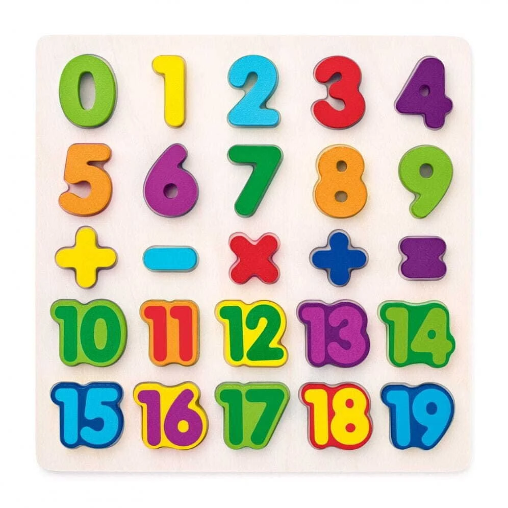 Woody 90069 Eco medinis mokomasis ir linksmas galvosūkis – mokykitės skaičių ir matematikos 3 m.+ (25 vnt.) (30x30cm)