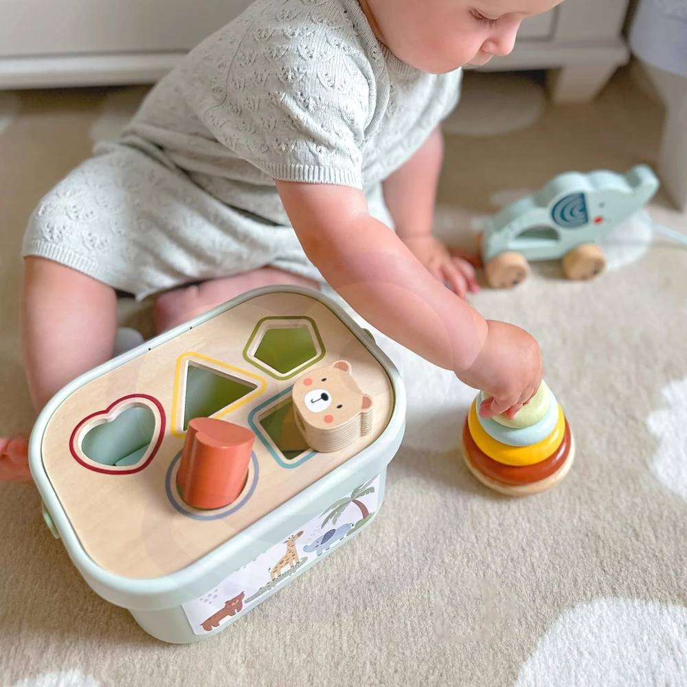 Woopie Tooky Toy Medinis žaislas 3in1: formų rūšiavimo dėžė su lokiu ir dramblio traukimo žaislu