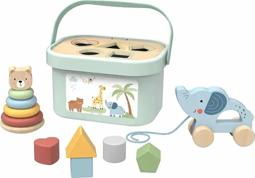 Woopie Tooky Toy Medinis žaislas 3in1: formų rūšiavimo dėžė su lokiu ir dramblio traukimo žaislu