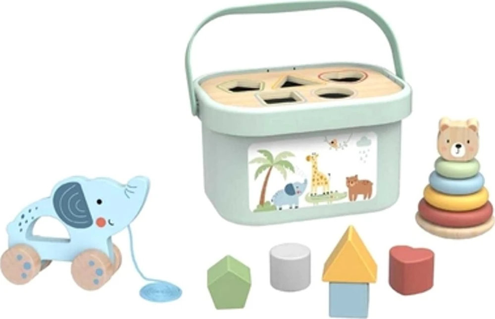 Woopie Tooky Toy Medinis žaislas 3in1: formų rūšiavimo dėžė su lokiu ir dramblio traukimo žaislu