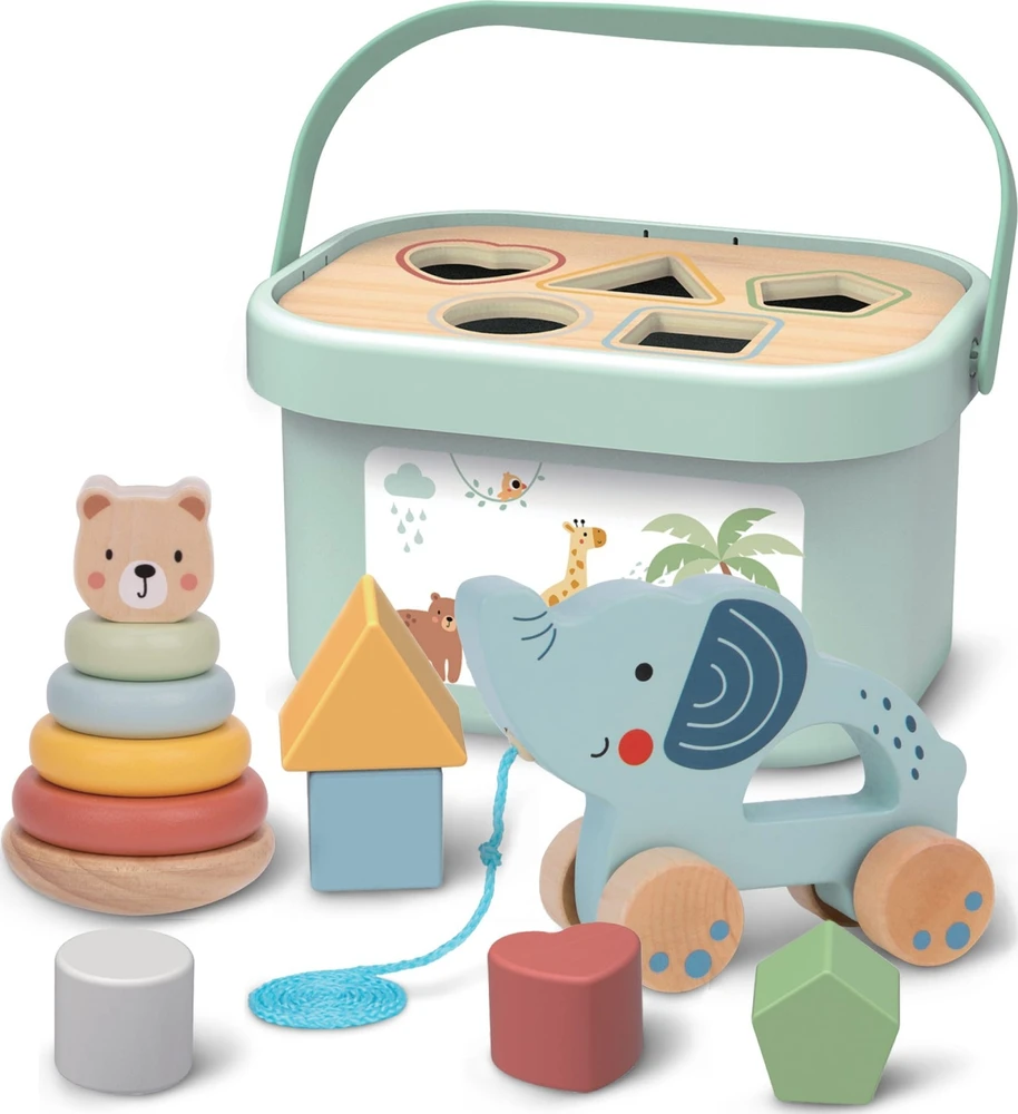Woopie Tooky Toy Medinis žaislas 3in1: formų rūšiavimo dėžė su lokiu ir dramblio traukimo žaislu