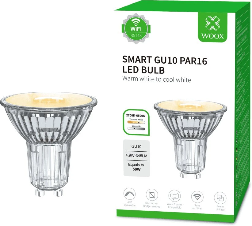 Lemputė LED Wi-Fi GU10, 230V, 4.9W, 345lm, 2700K - 6500K, CCT, MR16, išmanioji, valdoma programėle, TUYA / Smart Life, WOOX