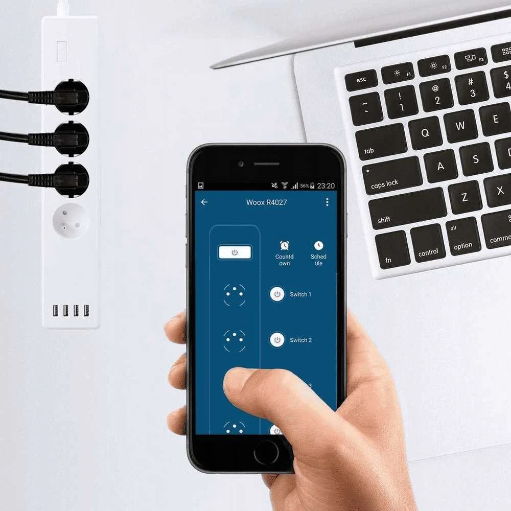 WOOX R4027 Išmanusis „WiFi“ maitinimo laidas, 4x kintamoji srovė + 4x USB