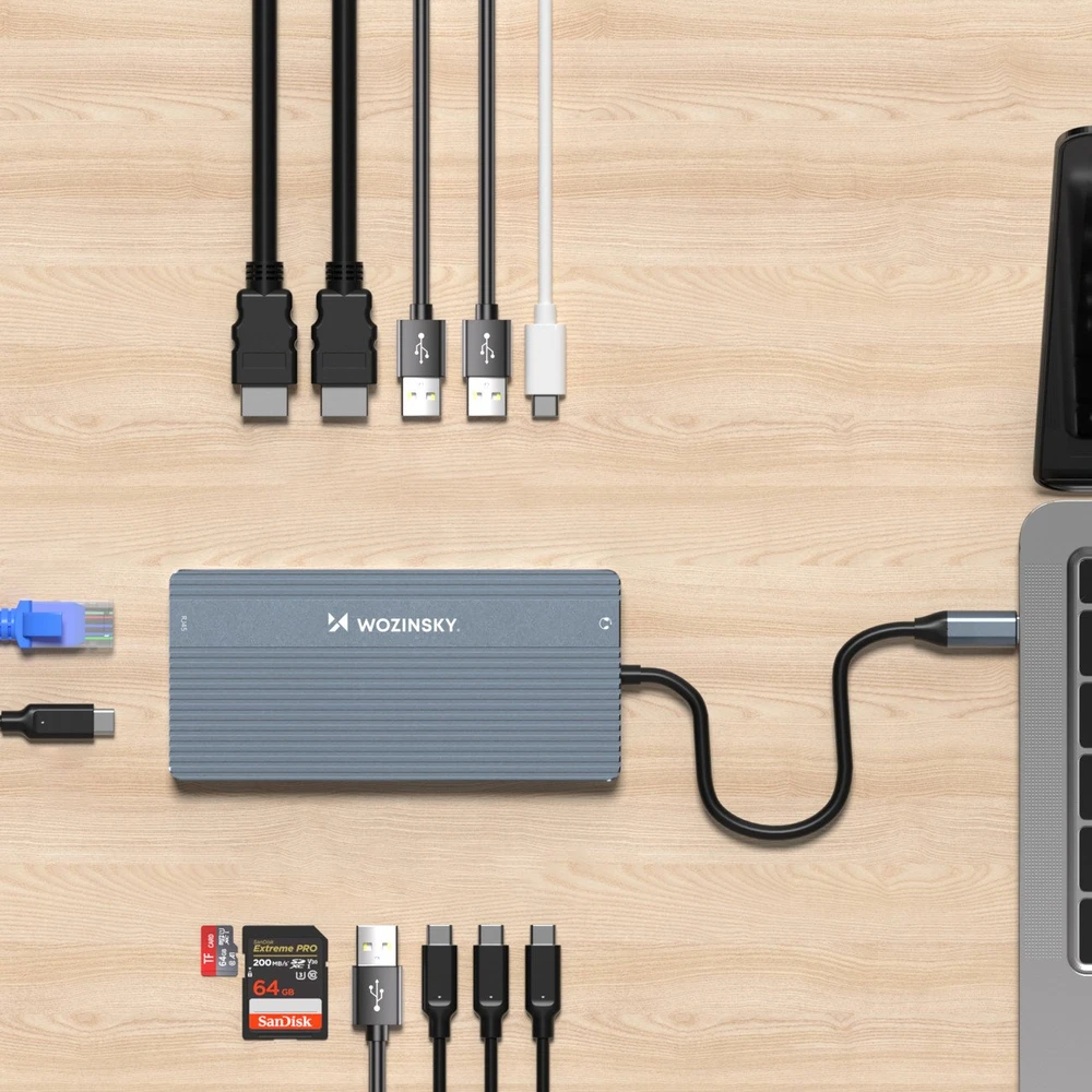 USB-C šakotuvas 14-in-1 Wozinsky WDS03Y5S daugiafunkcis, aliuminis, 3 monitoriams, su 15 cm laidu – pilkas