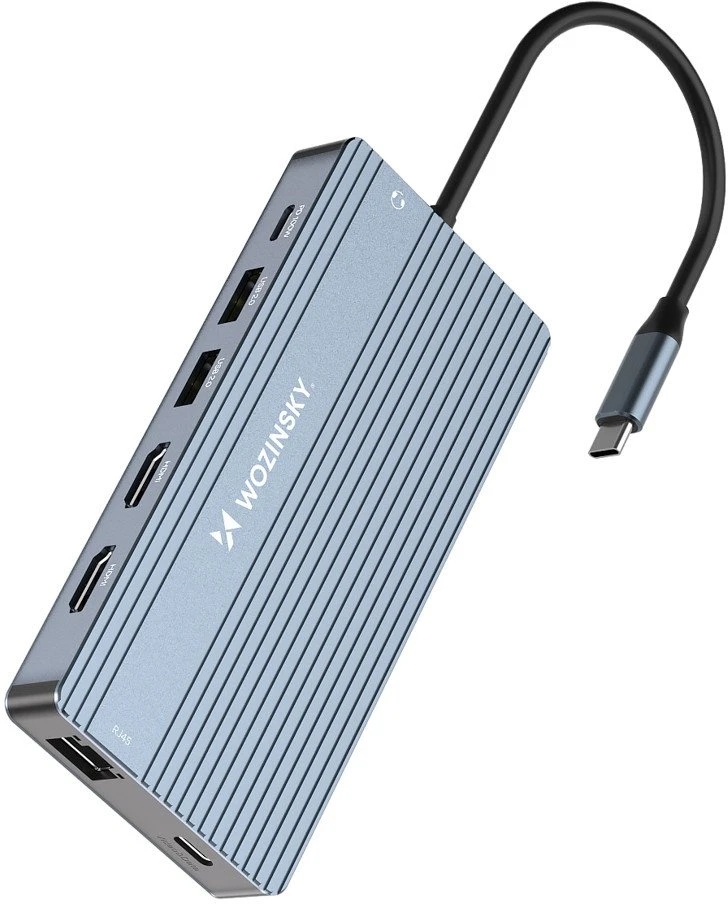 USB-C šakotuvas 14-in-1 Wozinsky WDS03Y5S daugiafunkcis, aliuminis, 3 monitoriams, su 15 cm laidu – pilkas