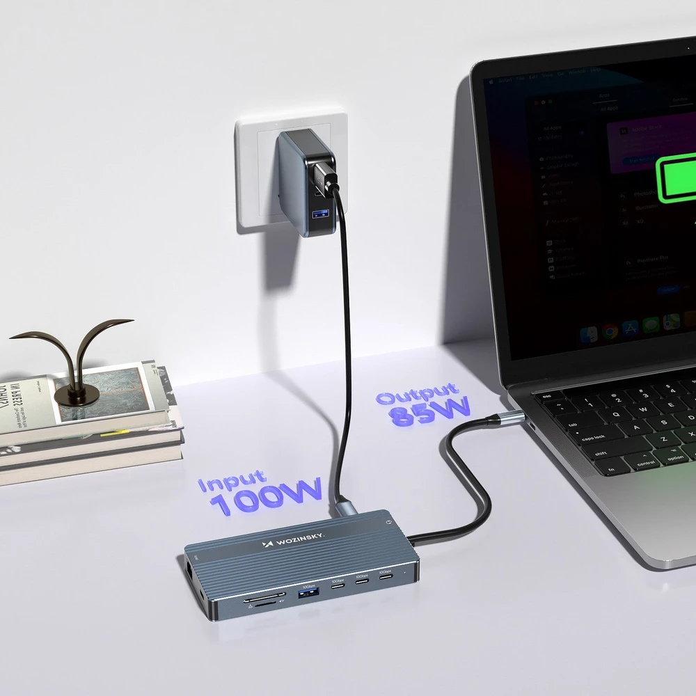 USB-C šakotuvas 14-in-1 Wozinsky WDS03Y5S daugiafunkcis, aliuminis, 3 monitoriams, su 15 cm laidu – pilkas