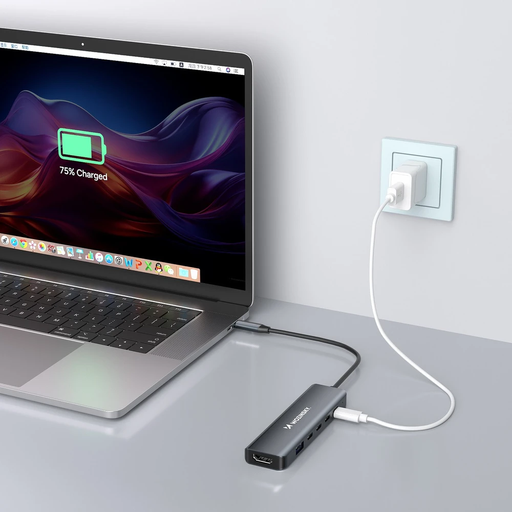 USB-C 6 viename šakotuvas Wozinsky WHBC10Y4S daugiafunkcis, aliuminio, su 25 cm laidu · pilkas