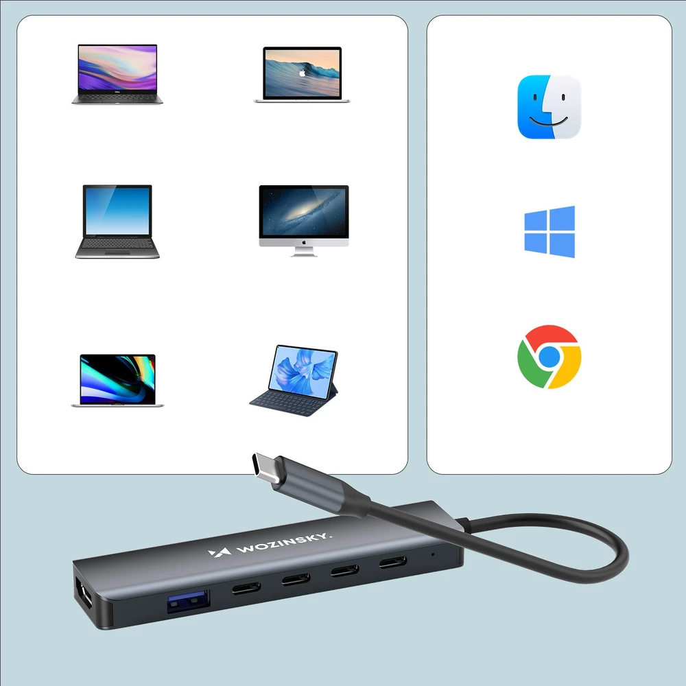 USB-C 6 viename šakotuvas Wozinsky WHBC10Y4S daugiafunkcis, aliuminio, su 25 cm laidu · pilkas