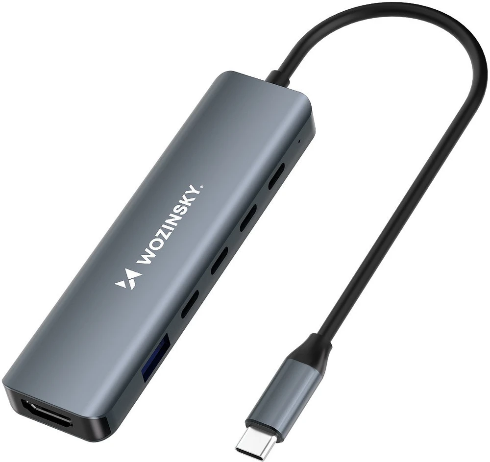 USB-C 6 viename šakotuvas Wozinsky WHBC10Y4S daugiafunkcis, aliuminio, su 25 cm laidu · pilkas