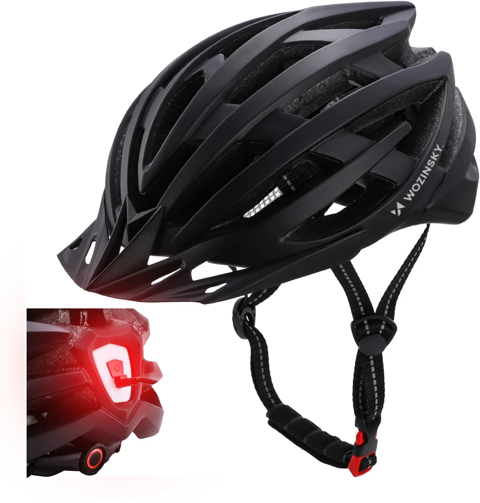 Wozinsky MTB dviračio šalmas su nuimamu skydeliu ir galiniu USB žibintu M - Juodas