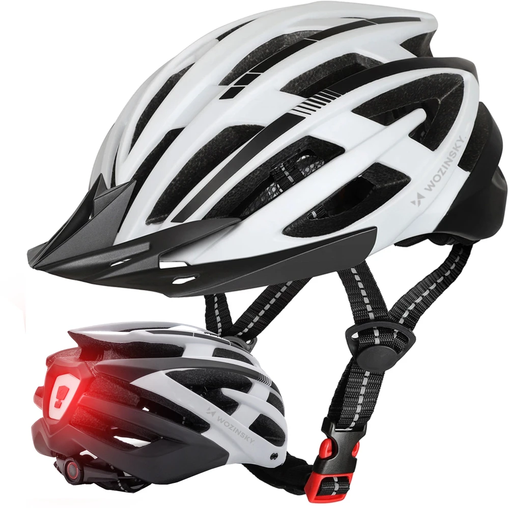 Wozinsky MTB dviračio šalmas su nuimamu skydeliu ir galine USB lempute M - juoda ir balta