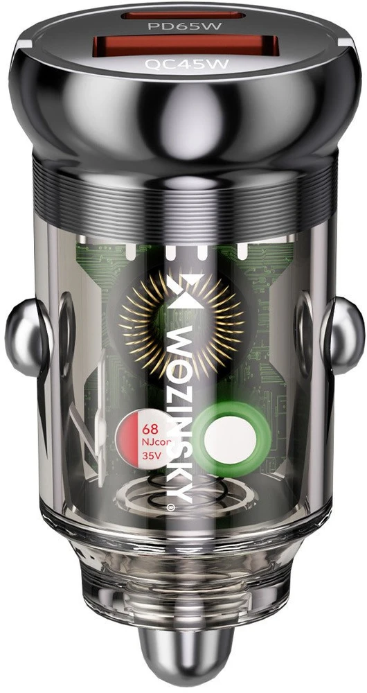 Wozinsky 65W automobilinis įkroviklis USB-C PD 65W / USB-A 45W QC 3.0 – juodos spalvos