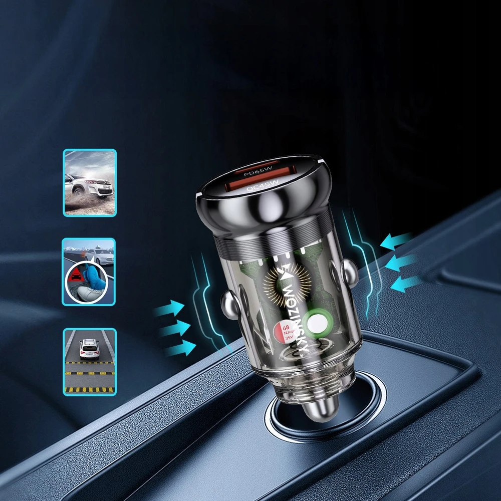 Wozinsky 65W automobilinis įkroviklis USB-C PD 65W / USB-A 45W QC 3.0 – juodos spalvos