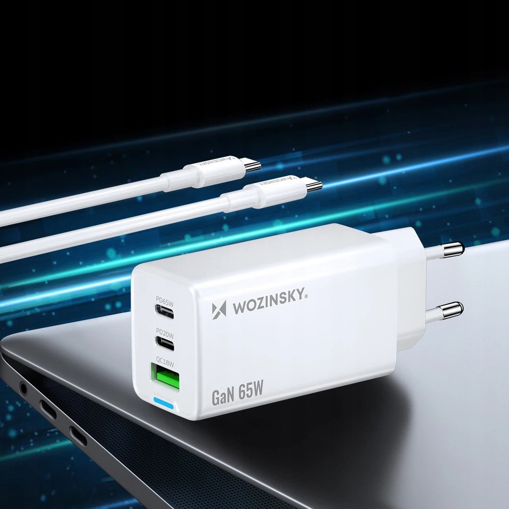 Wozinsky GaN 65W Charger su 2xUSB-C USB Ports su 65W CC kabelis – baltos spalvos
