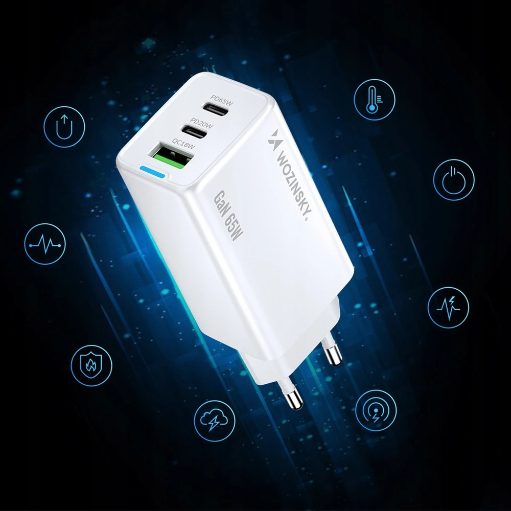 Wozinsky GaN 65W Charger su 2xUSB-C USB Ports su 65W CC kabelis – baltos spalvos
