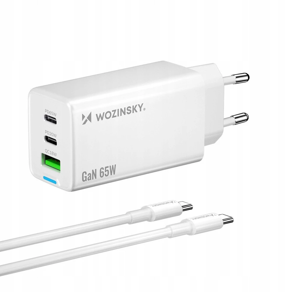 Wozinsky GaN 65W Charger su 2xUSB-C USB Ports su 65W CC kabelis – baltos spalvos