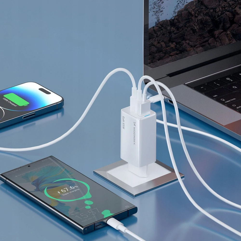 Wozinsky GaN 65W Charger su 2xUSB-C USB Ports su 65W CC kabelis – baltos spalvos