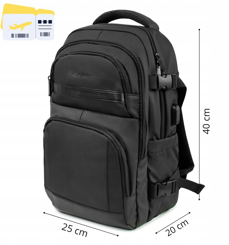 Wozinsky WPW-20L Backpack with Nešiojamas kompiuteris Pocket for 15" Travel 40x20x25 cm for Hand Luggage - Juodas