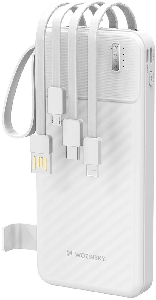 Wozinsky W11-W 10000mAh 10W išorinė baterija su įmontuotais laidais ir žibintuvėliu - Baltas