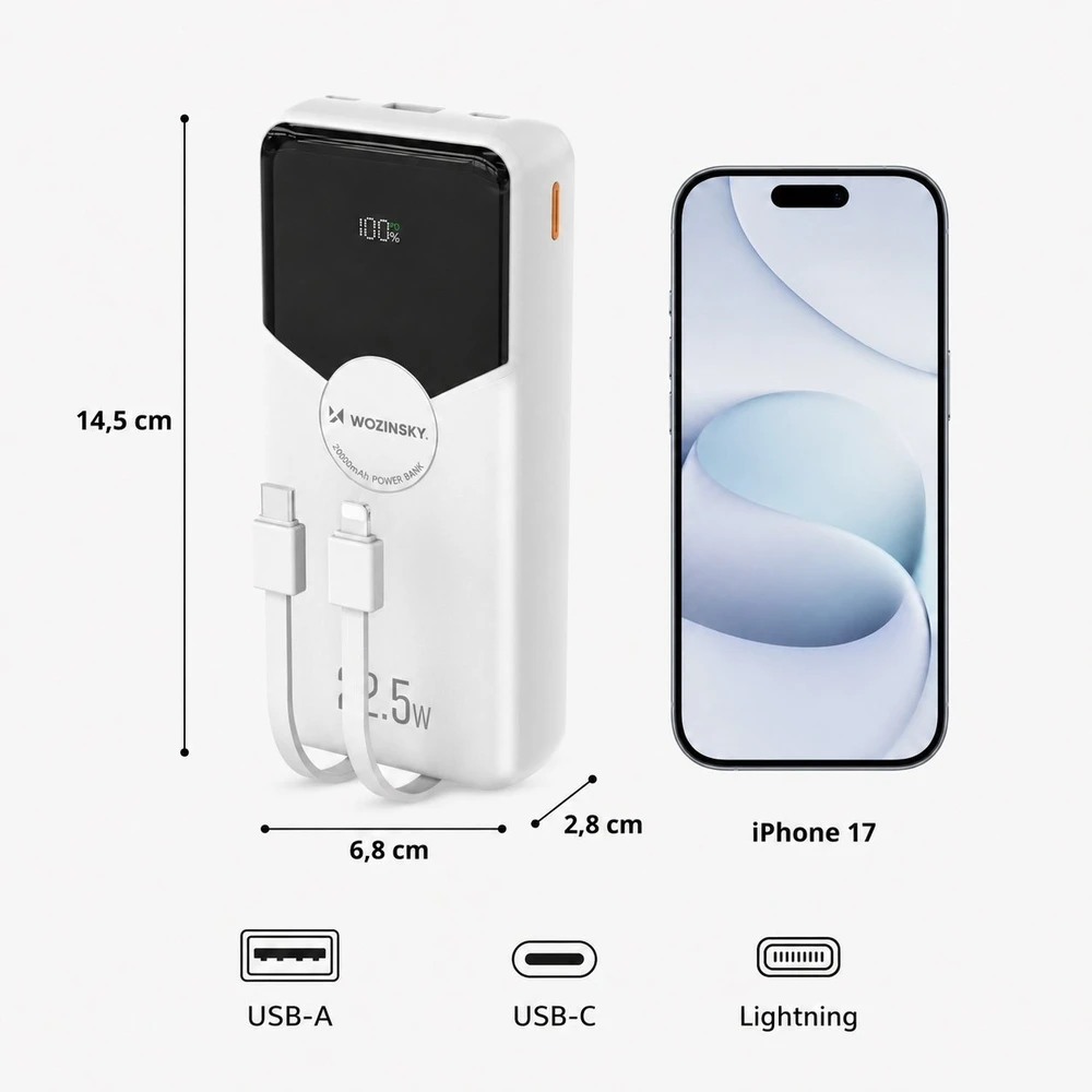 Wozinsky WFC-15W 20000mAh 22.5W PD20W išorinė baterija su integruotais „Lightning“ ir USB-C laidais – balta