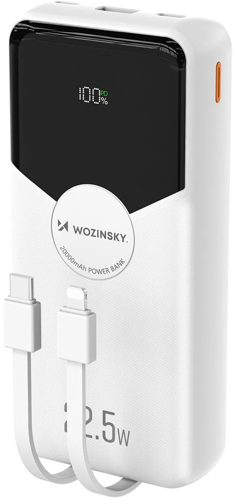 Wozinsky WFC-15W 20000mAh 22.5W PD20W išorinė baterija su integruotais „Lightning“ ir USB-C laidais – balta