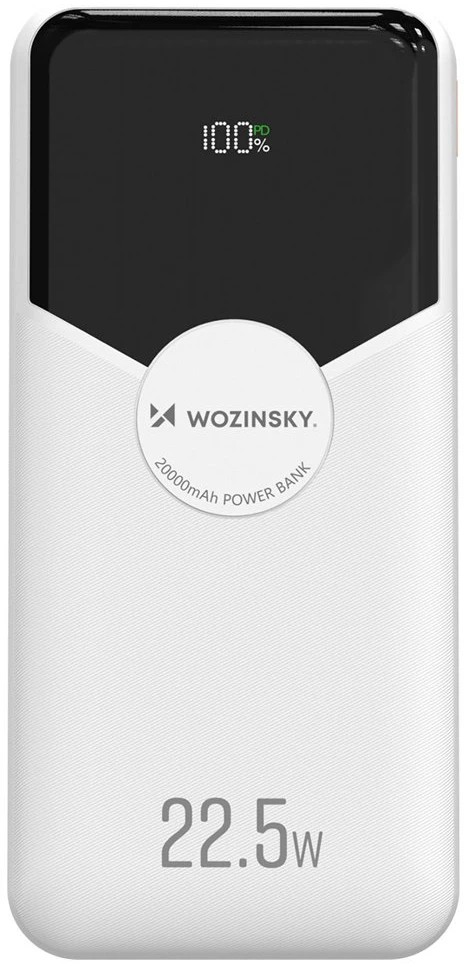 Wozinsky WFC-15W 20000mAh 22.5W PD20W išorinė baterija su integruotais „Lightning“ ir USB-C laidais – balta