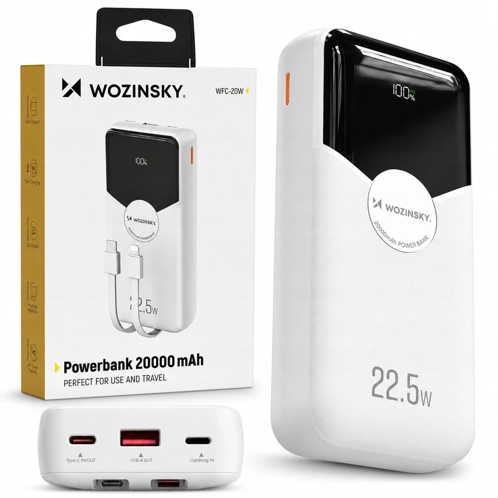 Wozinsky WFC-15W 20000mAh 22.5W PD20W išorinė baterija su integruotais „Lightning“ ir USB-C laidais – balta