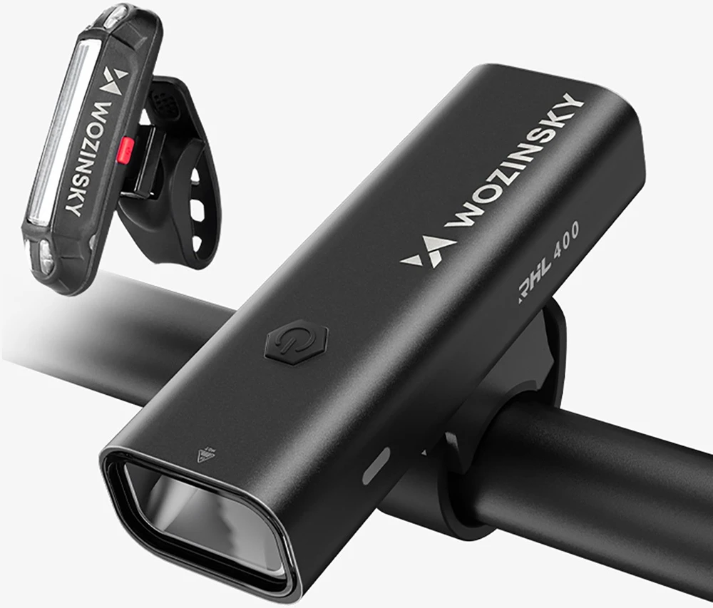 Wozinsky WSBLB2 priekinis (400 lm) ir galinis USB-C dviračio žibintų komplektas – juodos spalvos
