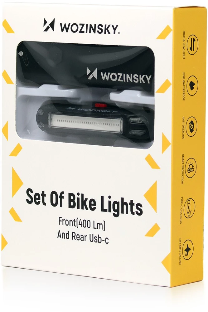 Wozinsky WSBLB2 priekinis (400 lm) ir galinis USB-C dviračio žibintų komplektas – juodos spalvos