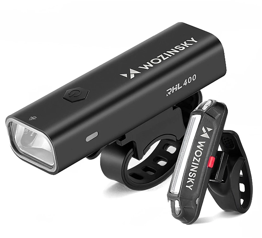 Wozinsky WSBLB2 priekinis (400 lm) ir galinis USB-C dviračio žibintų komplektas – juodos spalvos