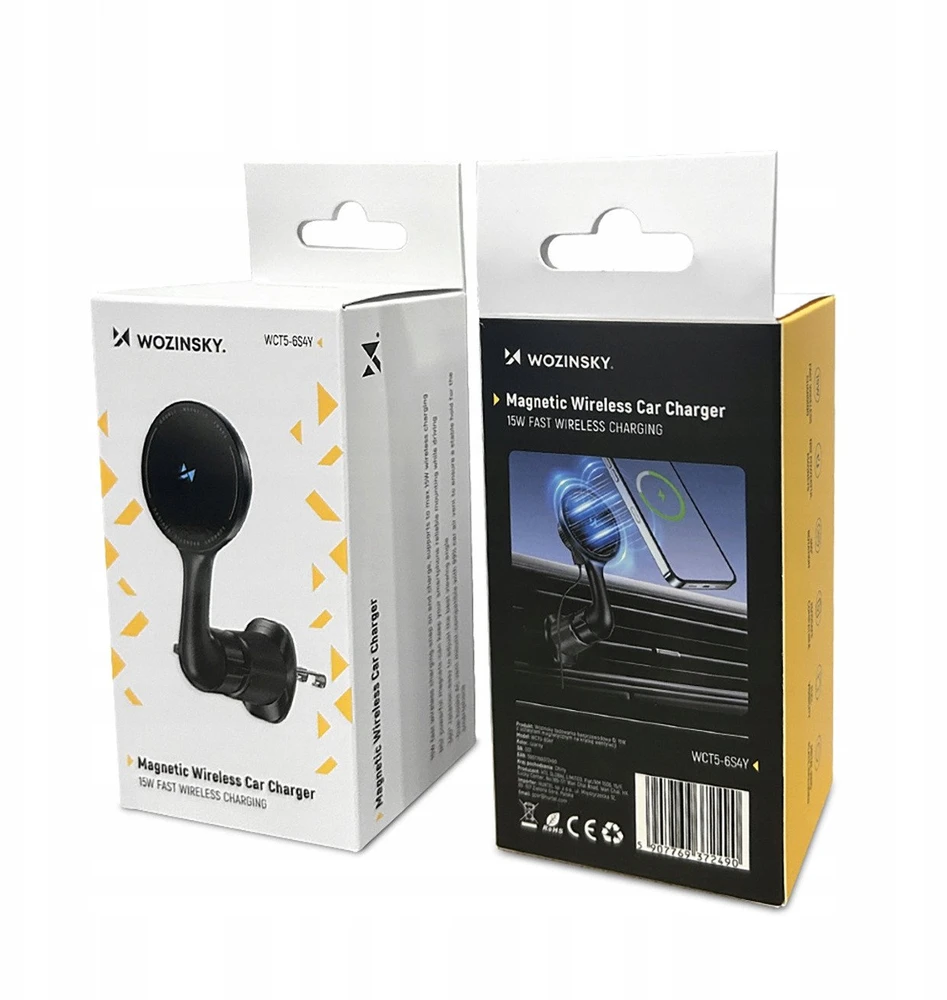 Wozinsky WCT5-6S4Y automobilinis telefono laikiklis su Qi/MagSafe 15W Inductive Charger for Air Vent – juodos spalvos