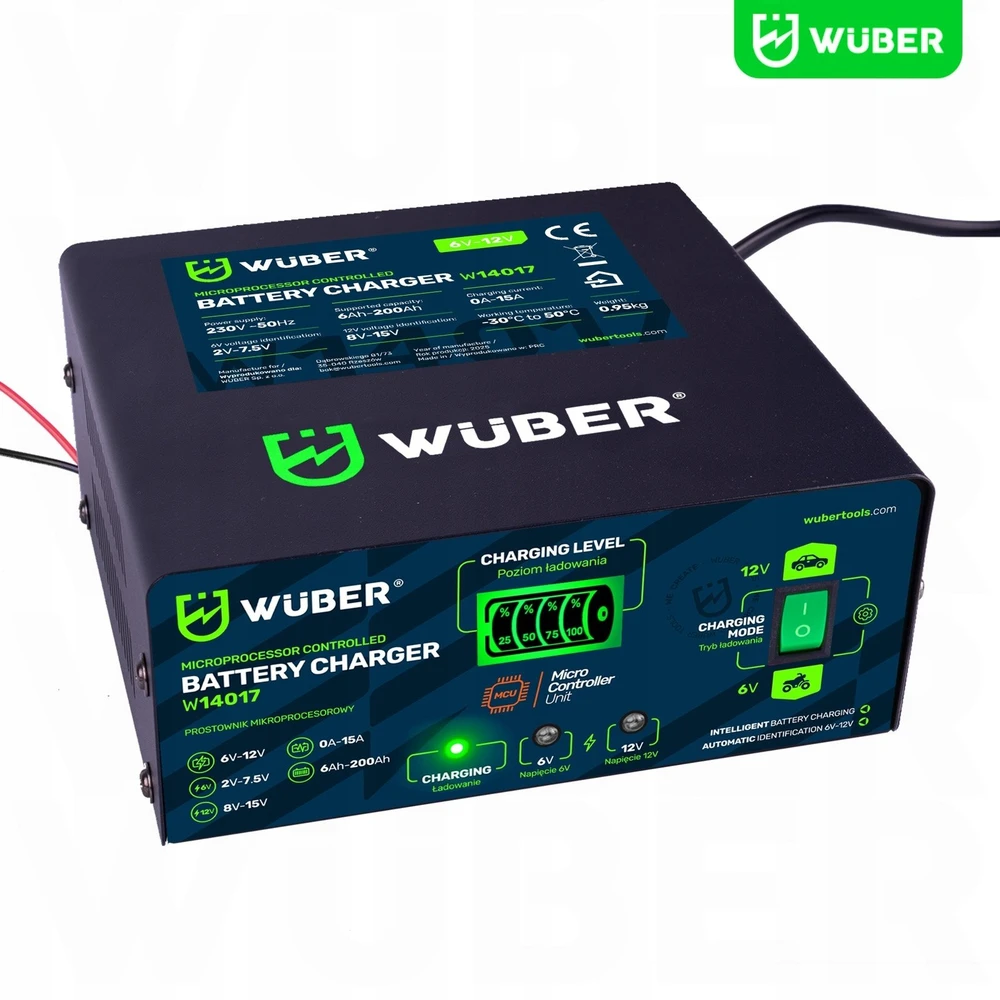 Mikroprocesorinis įkroviklis 6-12 V 15 A + akumuliatoriaus įkroviklis W14017 WUBER