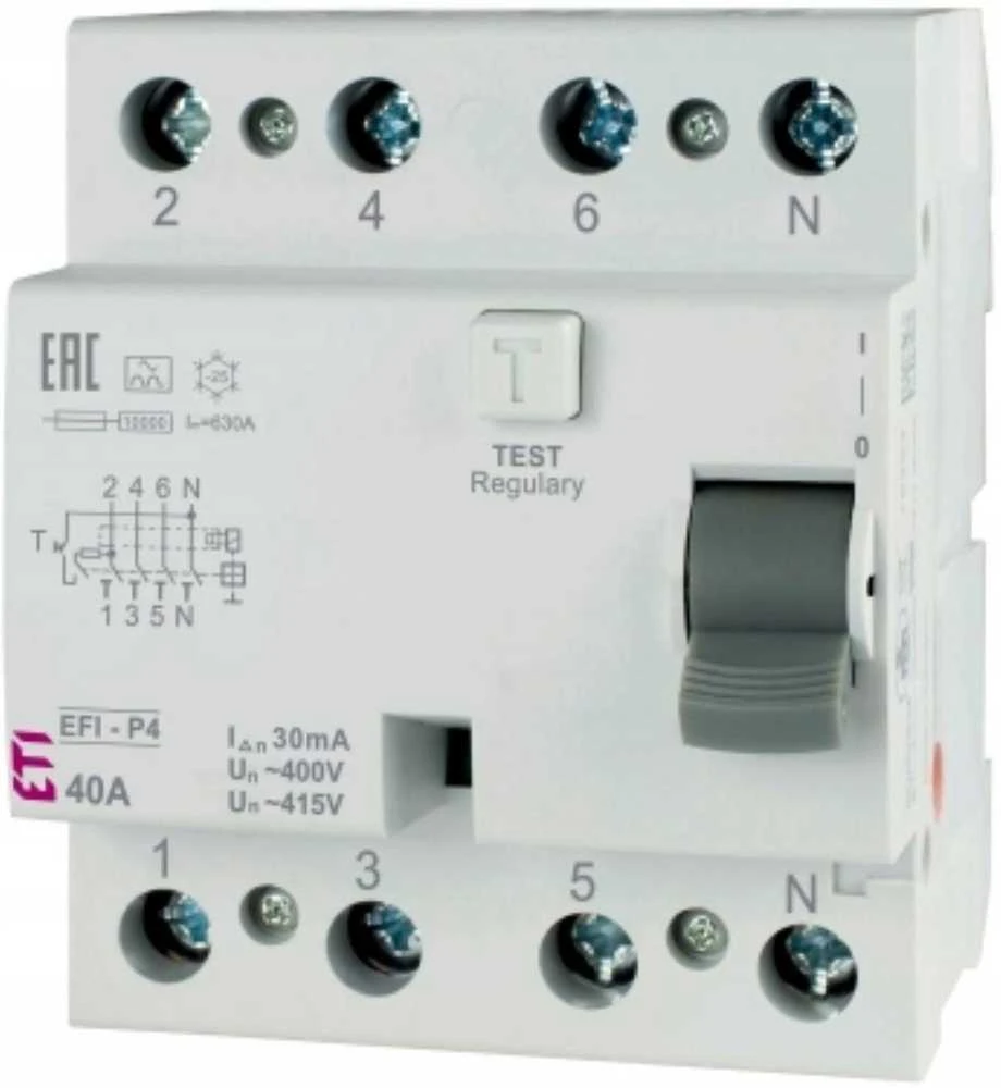 Srovės nuotėkio rėlė ETI EFI6-P4 A, 4P, 40 A, 415 V, 30 mA