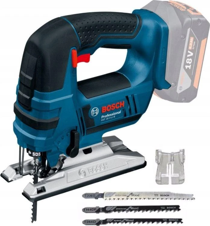 Akumuliatorinis siaurapjūklis Bosch GST 18 V-LI B be akumuliatoriaus ir kroviklio, kartoninė pakuotė