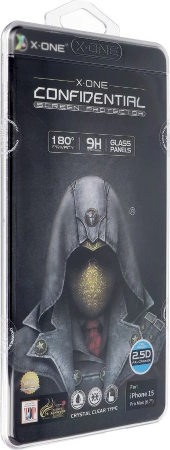 X-ONE Full Cover Extra Strong Privacy – skirtas iPhone 15 Pro Max (visi klijai) grūdintas stiklas 9H
